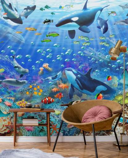 färgglad anpassningsbar havstapetväggmålning kallad Underwater Scenery av Adrian Chesterman för barnens sovrum