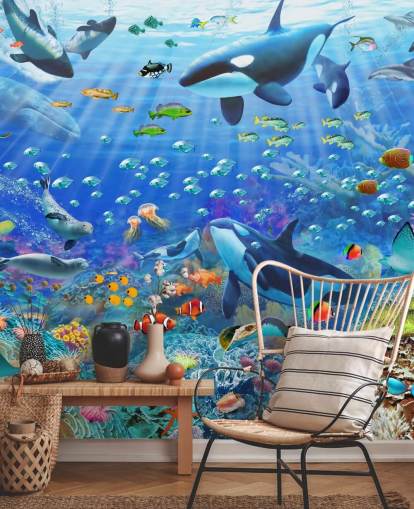colourful customisable ocean wallpaper mural called Underwater Scenery by Adrian Chesterman for children's bedroom