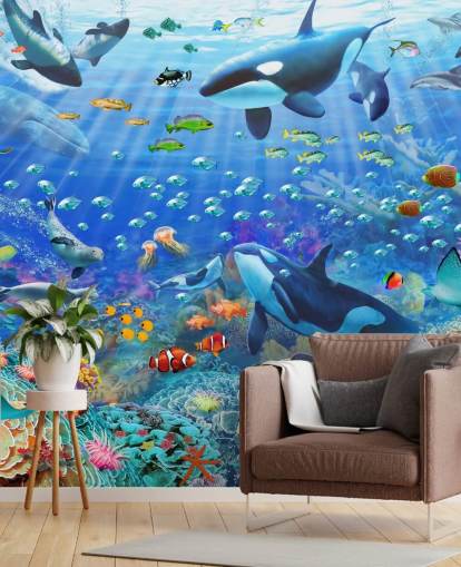 colourful customisable ocean wallpaper mural called Underwater Scenery by Adrian Chesterman for children's bedroom