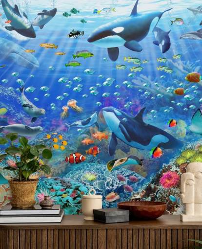 colorful customizable ocean wallpaper mural called Underwater Scenery by Adrian Chesterman for children's bedroom colorful customizable ocean wallpaper mural called Underwater Scenery by Adrian Chesterman for children's bedroom
