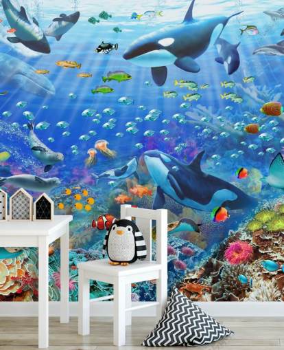 färgglad anpassningsbar havstapetväggmålning kallad Underwater Scenery av Adrian Chesterman för barnens sovrum