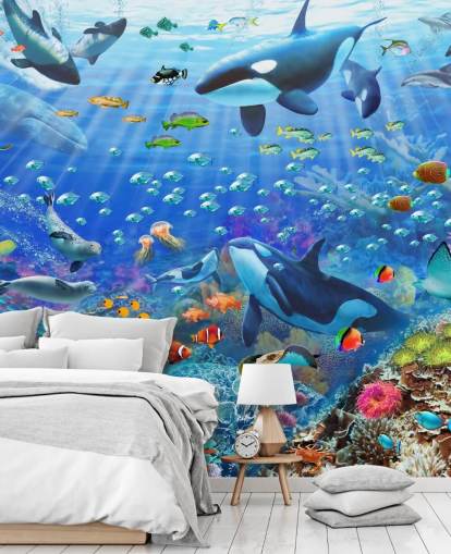 fargerikt tilpassbart havtapet veggmaleri kalt Underwater Scenery av Adrian Chesterman for barnas soverom
