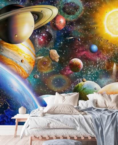 multicolored custom planet wallpaper mural called Planets in Space by Adrian Chesterman for kids bedrooms multicolored custom planet wallpaper mural called Planets in Space by Adrian Chesterman for kids bedrooms