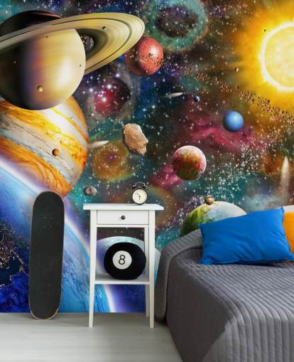 multicolored custom planet wallpaper mural called Planets in Space by Adrian Chesterman for kids bedrooms multicolored custom planet wallpaper mural called Planets in Space by Adrian Chesterman for kids bedrooms