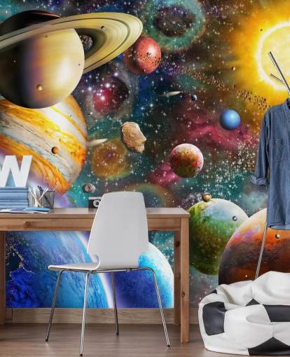 carta da parati murale personalizzata multicolore chiamata Planets in Space di Adrian Chesterman per camerette per bambini carta da parati murale personalizzata multicolore chiamata Planets in Space di Adrian Chesterman per camerette per bambini