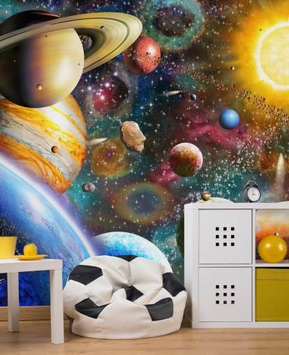 multicoloured custom planet wallpaper mural called Planets in Space by Adrian Chesterman for kids bedrooms