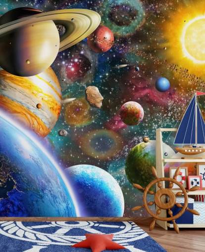 multicoloured custom planet wallpaper mural called Planets in Space by Adrian Chesterman for kids bedrooms