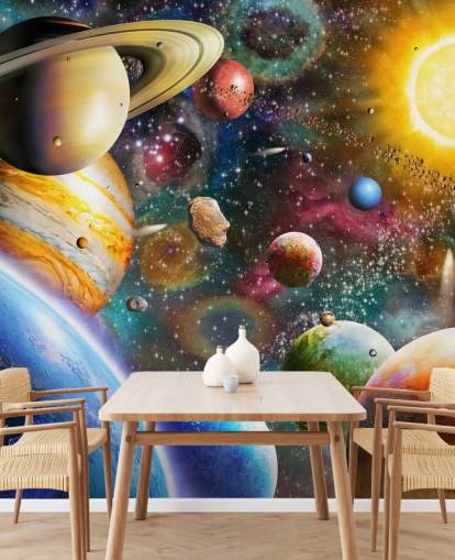 mural de papel de parede planetário personalizado multicolorido chamado Planets in Space de Adrian Chesterman para quartos infantis