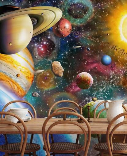 mångfärgad anpassad planet tapetväggmålning kallad Planets in Space av Adrian Chesterman för barnens sovrum mångfärgad anpassad planet tapetväggmålning kallad Planets in Space av Adrian Chesterman för barnens sovrum