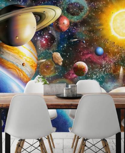 flerfarvet brugerdefineret planettapet vægmaleri kaldet Planets in Space af Adrian Chesterman til børns soveværelser flerfarvet brugerdefineret planettapet vægmaleri kaldet Planets in Space af Adrian Chesterman til børns soveværelser