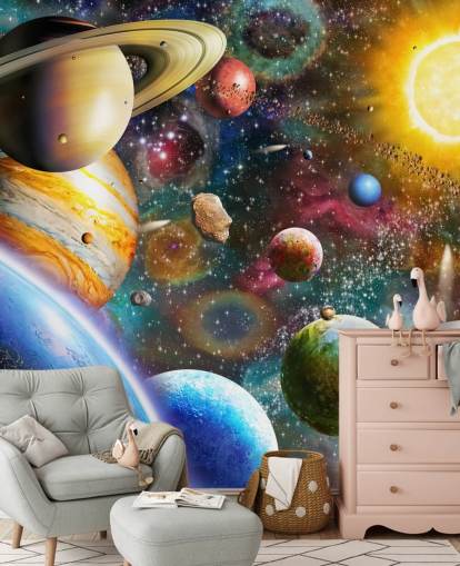flerfarget tilpasset planettapet veggmaleri kalt Planets in Space av Adrian Chesterman for barnerom