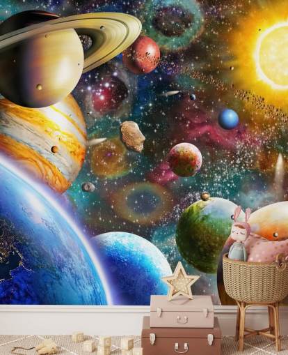 Adrian Chestermanin monivärinen mukautettu planeetta-taustakuvamaalaus nimeltä Planets in Space lasten makuuhuoneisiin