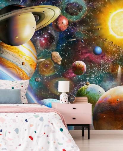 multicoloured custom planet wallpaper mural called Planets in Space by Adrian Chesterman for kids bedrooms