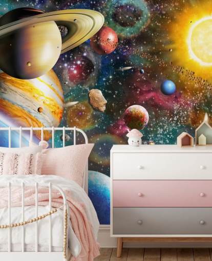 mural de papel pintado de planetas personalizado multicolor llamado Planets in Space de Adrian Chesterman para dormitorios de niños