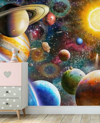 flerfarget tilpasset planettapet veggmaleri kalt Planets in Space av Adrian Chesterman for barnerom flerfarget tilpasset planettapet veggmaleri kalt Planets in Space av Adrian Chesterman for barnerom