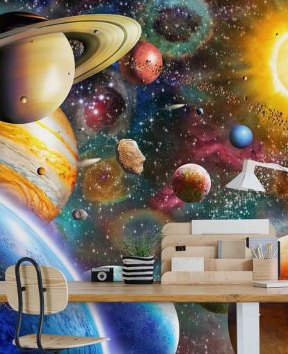 mural de papel de parede planetário personalizado multicolorido chamado Planets in Space de Adrian Chesterman para quartos infantis