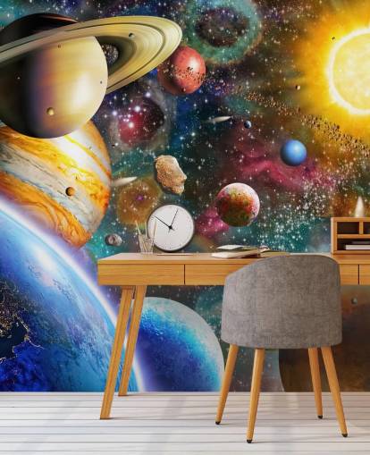 veelkleurige op maat gemaakte planeetmuurschildering genaamd Planets in Space van Adrian Chesterman voor kinderkamers veelkleurige op maat gemaakte planeetmuurschildering genaamd Planets in Space van Adrian Chesterman voor kinderkamers
