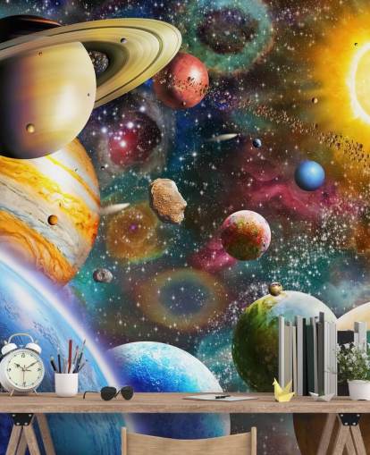 multicolored custom planet wallpaper mural called Planets in Space by Adrian Chesterman for kids bedrooms