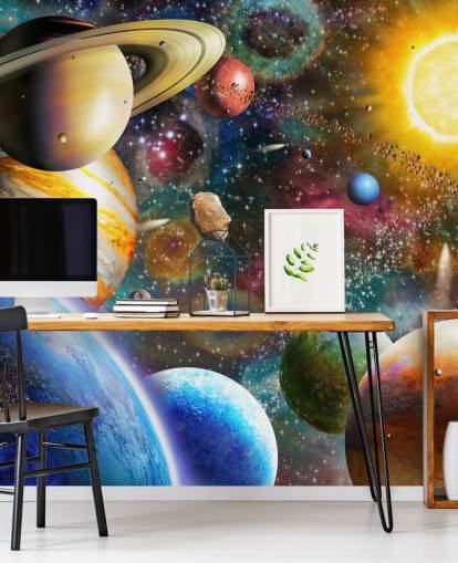 flerfarget tilpasset planettapet veggmaleri kalt Planets in Space av Adrian Chesterman for barnerom flerfarget tilpasset planettapet veggmaleri kalt Planets in Space av Adrian Chesterman for barnerom