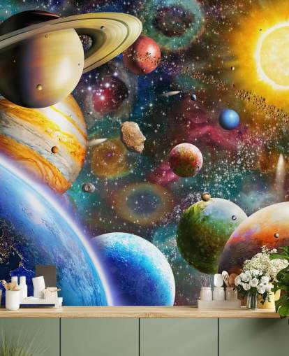 Mehrfarbiges individuelles Planetentapetenwandbild namens Planets in Space von Adrian Chesterman für Kinderzimmer