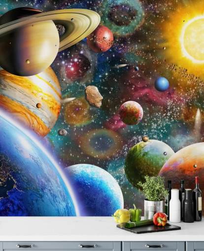 carta da parati murale personalizzata multicolore chiamata Planets in Space di Adrian Chesterman per camerette per bambini