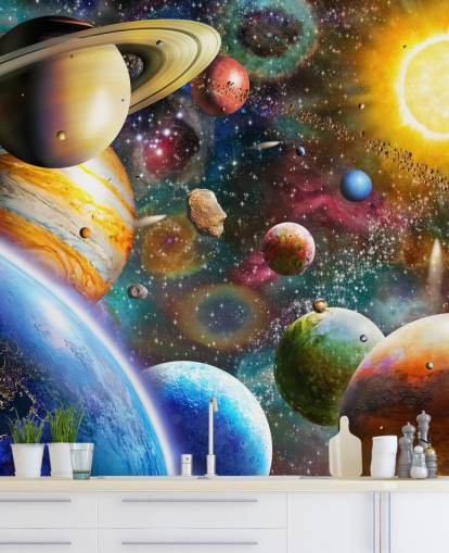 multicolored custom planet wallpaper mural called Planets in Space by Adrian Chesterman for kids bedrooms