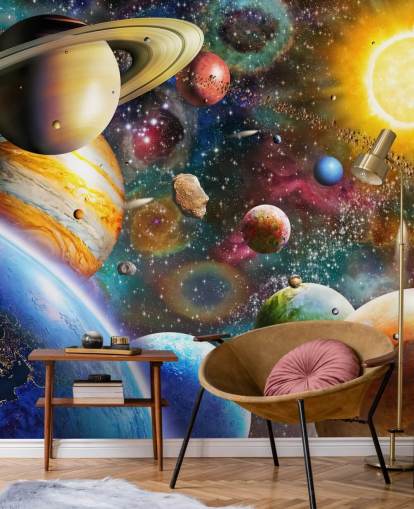 Adrian Chestermanin monivärinen mukautettu planeetta-taustakuvamaalaus nimeltä Planets in Space lasten makuuhuoneisiin