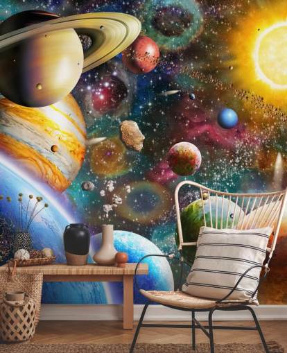 mural de papel pintado de planetas personalizado multicolor llamado Planets in Space de Adrian Chesterman para dormitorios de niños