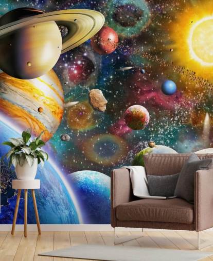 mural de papel pintado de planetas personalizado multicolor llamado Planets in Space de Adrian Chesterman para dormitorios de niños