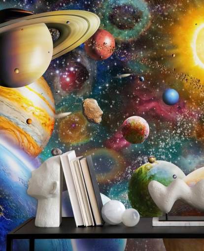 mural de papel pintado de planetas personalizado multicolor llamado Planets in Space de Adrian Chesterman para dormitorios de niños