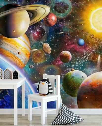 veelkleurige op maat gemaakte planeetmuurschildering genaamd Planets in Space van Adrian Chesterman voor kinderkamers