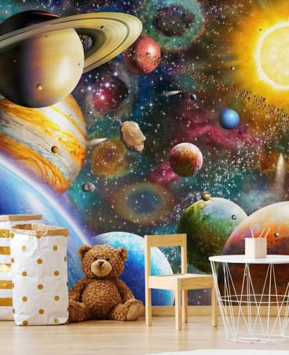 flerfarget tilpasset planettapet veggmaleri kalt Planets in Space av Adrian Chesterman for barnerom