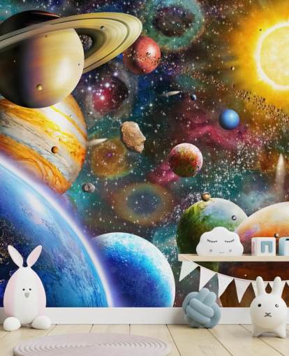 veelkleurige op maat gemaakte planeetmuurschildering genaamd Planets in Space van Adrian Chesterman voor kinderkamers
