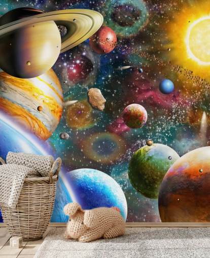flerfarget tilpasset planettapet veggmaleri kalt Planets in Space av Adrian Chesterman for barnerom