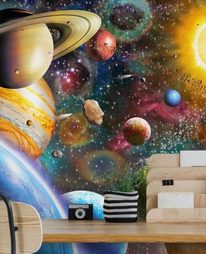 multicoloured custom planet wallpaper mural called Planets in Space by Adrian Chesterman for kids bedrooms