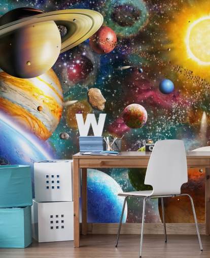 mural de papel pintado de planetas personalizado multicolor llamado Planets in Space de Adrian Chesterman para dormitorios de niños