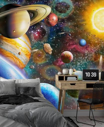 mural de papel pintado de planetas personalizado multicolor llamado Planets in Space de Adrian Chesterman para dormitorios de niños