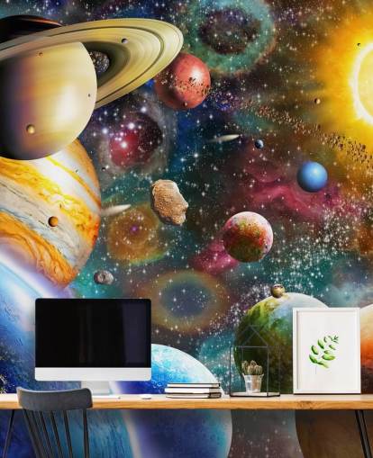 mångfärgad anpassad planet tapetväggmålning kallad Planets in Space av Adrian Chesterman för barnens sovrum mångfärgad anpassad planet tapetväggmålning kallad Planets in Space av Adrian Chesterman för barnens sovrum