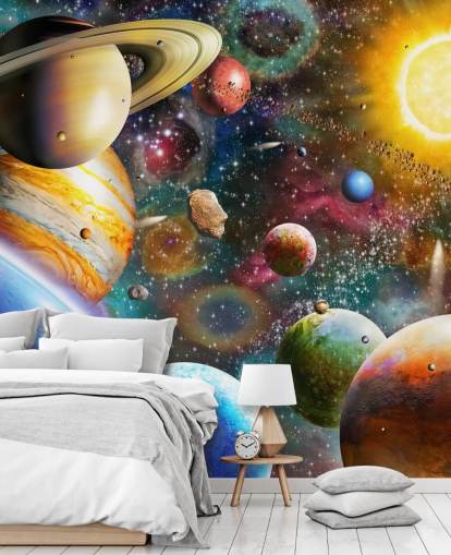 multicoloured custom planet wallpaper mural called Planets in Space by Adrian Chesterman for kids bedrooms