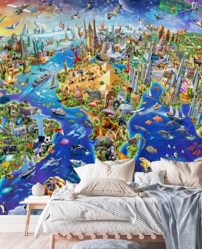 farbenfrohe individuelle Kinderkarten-Tapete namens Crazy World von Adrian Chesterman für Kinderzimmer, Spielzimmer und Schulen