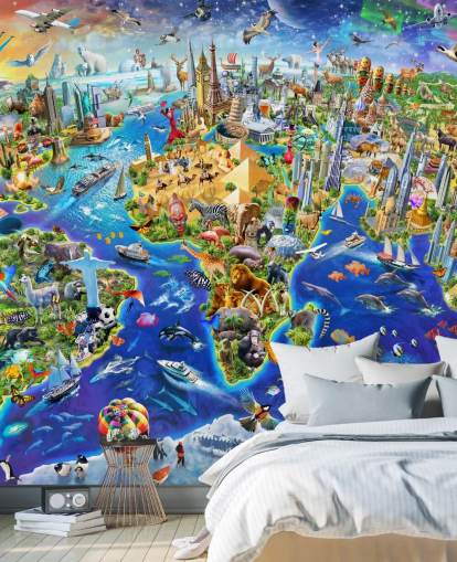 farbenfrohe individuelle Kinderkarten-Tapete namens Crazy World von Adrian Chesterman für Kinderzimmer, Spielzimmer und Schulen