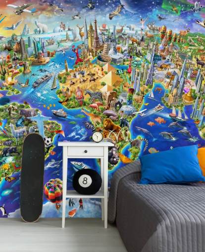 carta da parati murale colorata personalizzata per bambini chiamata Crazy World di Adrian Chesterman per camerette, sale giochi e scuole