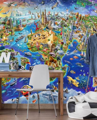 kleurrijke op maat gemaakte kinderkaart behangmuurschildering genaamd Crazy World van Adrian Chesterman voor kinderkamers, speelkamers en scholen