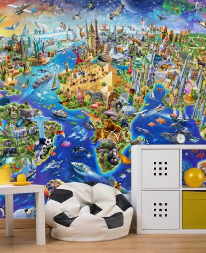 papier peint mural coloré personnalisé pour enfants appelé Crazy World par Adrian Chesterman pour les chambres d'enfants, les salles de jeux et les écoles