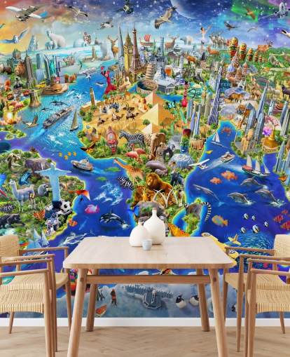 colorful custom kids map wallpaper mural called Crazy World by Adrian Chesterman for kid's bedrooms, playrooms and schools