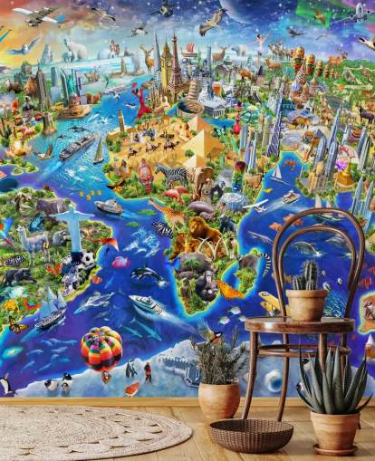 colorful custom kids map wallpaper mural called Crazy World by Adrian Chesterman for kid's bedrooms, playrooms and schools
