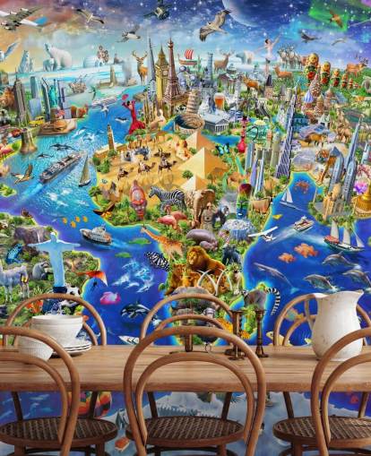 colorful custom kids map wallpaper mural called Crazy World by Adrian Chesterman for kid's bedrooms, playrooms and schools