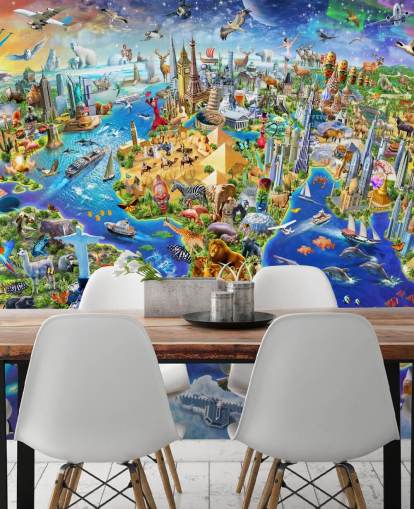 colourful custom kids map wallpaper mural called Crazy World by Adrian Chesterman for kid's bedrooms, playrooms and schools