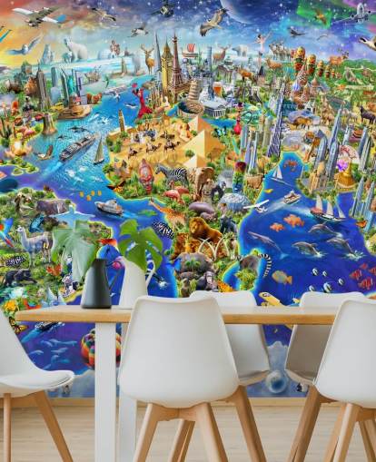 colorful custom kids map wallpaper mural called Crazy World by Adrian Chesterman for kid's bedrooms, playrooms and schools
