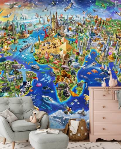 farbenfrohe individuelle Kinderkarten-Tapete namens Crazy World von Adrian Chesterman für Kinderzimmer, Spielzimmer und Schulen